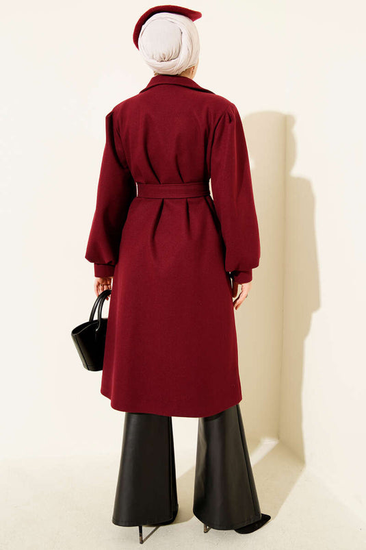 Kruvaze Yaka Balon Kol Kuşaklı Kaşe Kaban Bordo