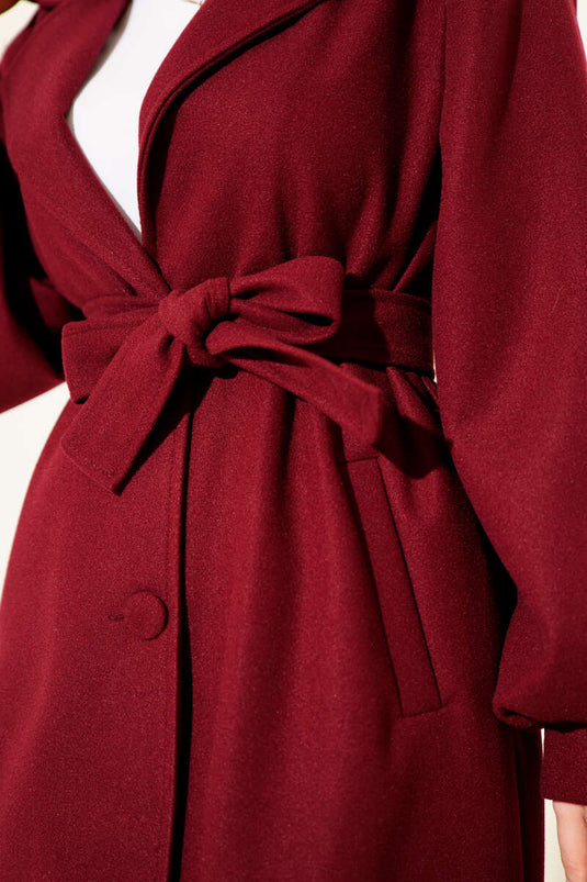 Double-breasted Balloon Sleeve Belted Cashmere Coat Burgundy