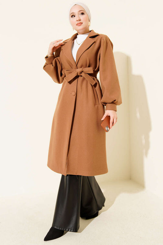 Kruvaze Yaka Balon Kol Kuşaklı Kaşe Kaban Camel