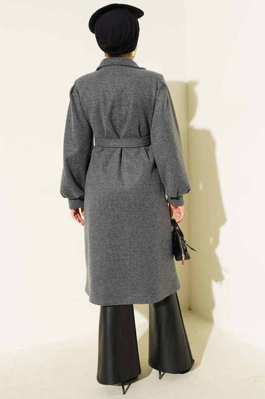Doppelreihiger Kaschmirmantel mit Ballonärmeln und Gürtel in Rauchgrau
