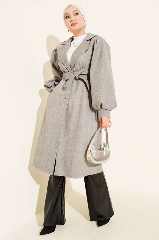 Kruvaze Yaka Balon Kol Kuşaklı Kaşe Kaban Gri