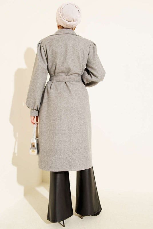 Kruvaze Yaka Balon Kol Kuşaklı Kaşe Kaban Gri