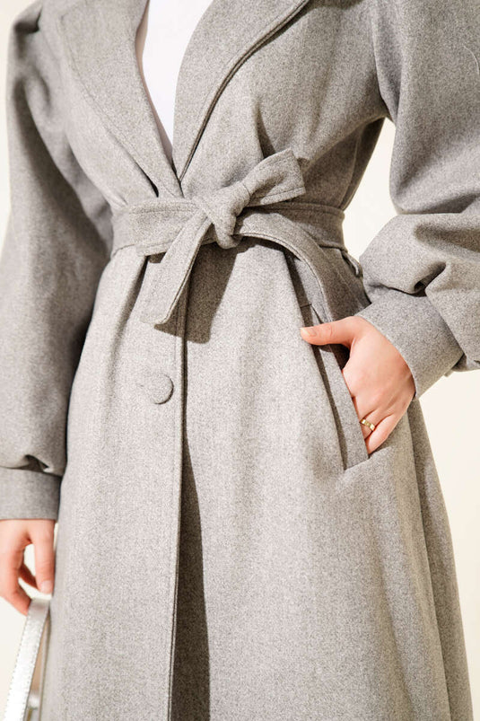 Double Breasted Balloon Sleeve Belted Cashmere Coat Gray