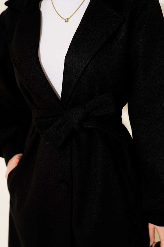 Kruvaze Yaka Balon Kol Kuşaklı Kaşe Kaban Siyah