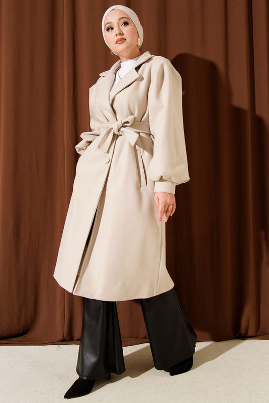 Kruvaze Yaka Balon Kol Kuşaklı Kaşe Kaban Taş