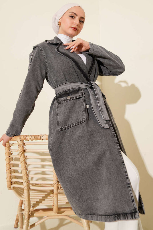 معطف ترنش جينز برقبة كروفيز ورباط عند الخصر بلون دخاني