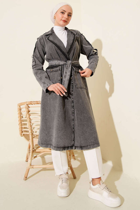 Double-Breasted Collar Waist-Tied Denim Trench Coat Smoke Gray