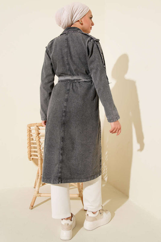Double-Breasted Collar Waist-Tied Denim Trench Coat Smoke Gray