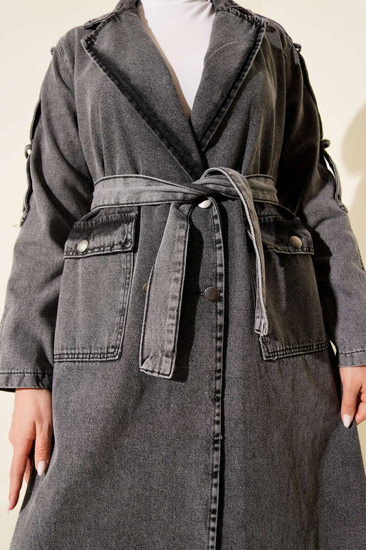 معطف ترنش جينز برقبة كروفيز ورباط عند الخصر بلون دخاني