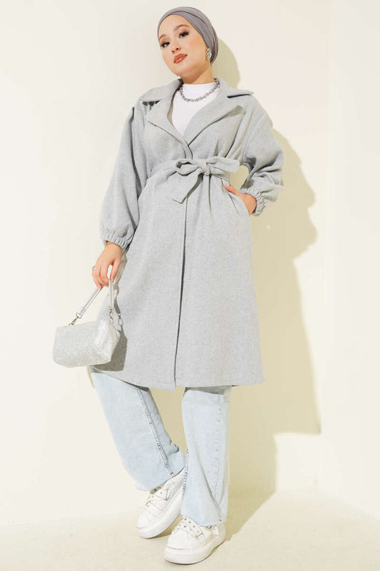 Double-Breasted Waist-Tied Coat in Gray