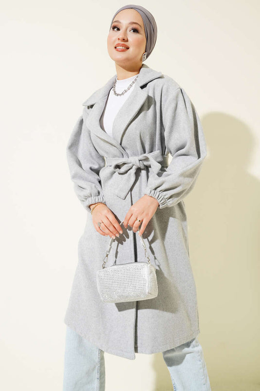 Double-Breasted Waist-Tied Coat in Gray