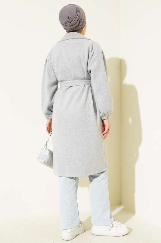 Double-Breasted Waist-Tied Coat in Gray