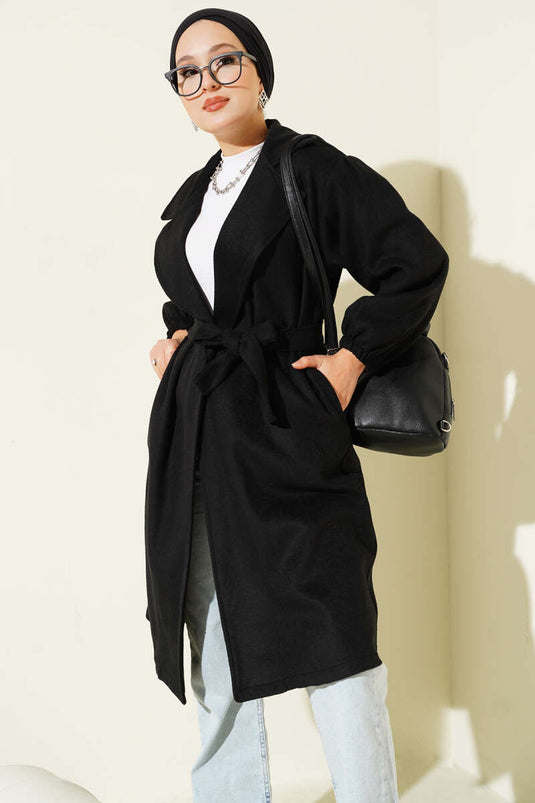 Double-Breasted Waist-Tied Coat Black