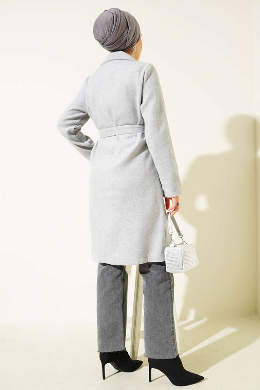 Double-Breasted Waist Belted Coat Gray