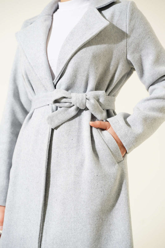 Double-Breasted Waist Belted Coat Gray