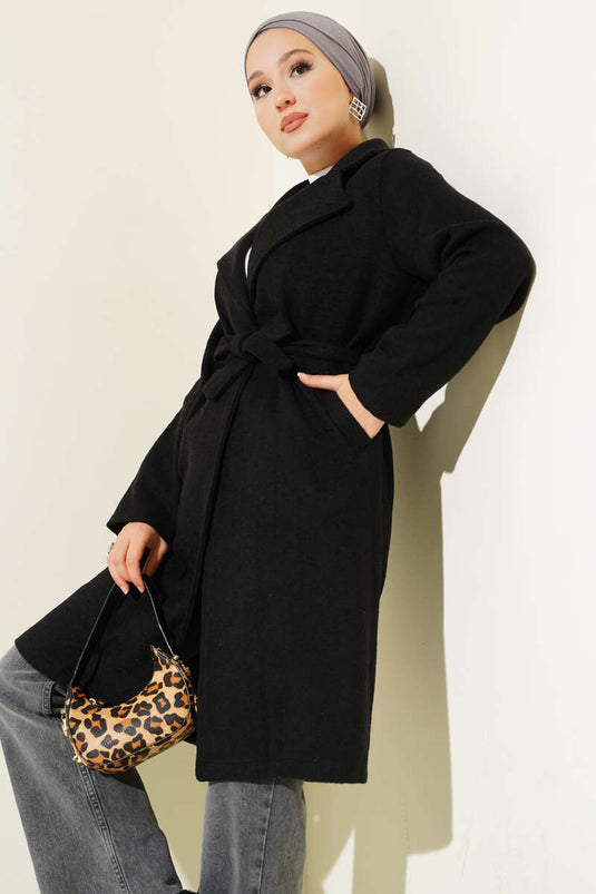 Kruvaze Yaka Belden Kuşaklı Kaban Siyah