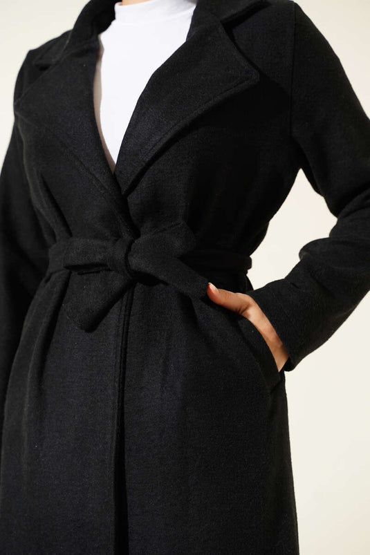 Kruvaze Yaka Belden Kuşaklı Kaban Siyah