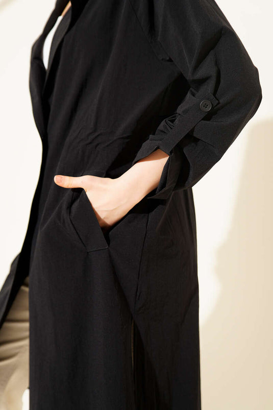 Cross-collar Waist-gathered Buttoned Trench Coat Black