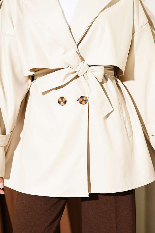 Veste En Cuir Beige À Col Croisé Et Ceinture