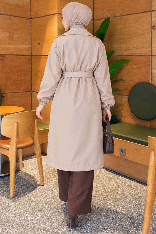 Wrap Collar Belted Trench Coat Beige