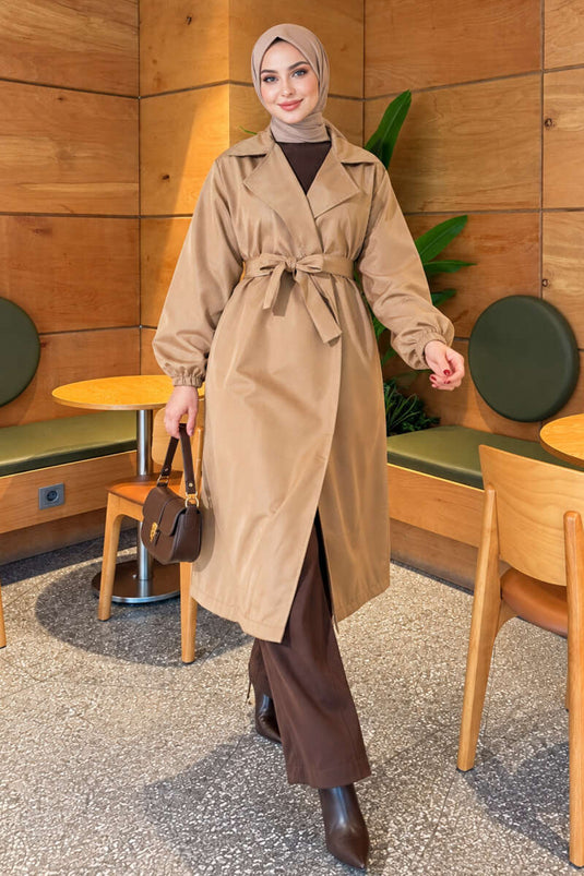 Wrap Collar Belted Trench Coat Camel