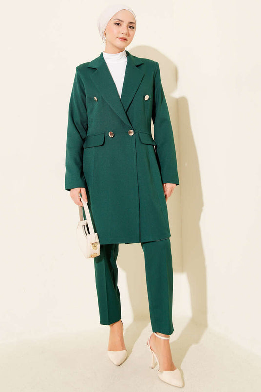 Veste blazer croisée, costume deux pièces vert émeraude
