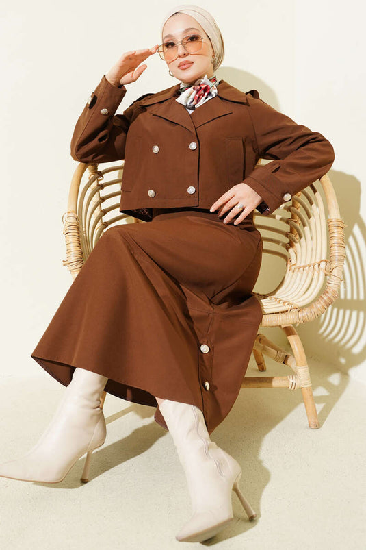 Ensemble veste et jupe croisées marron deux pièces