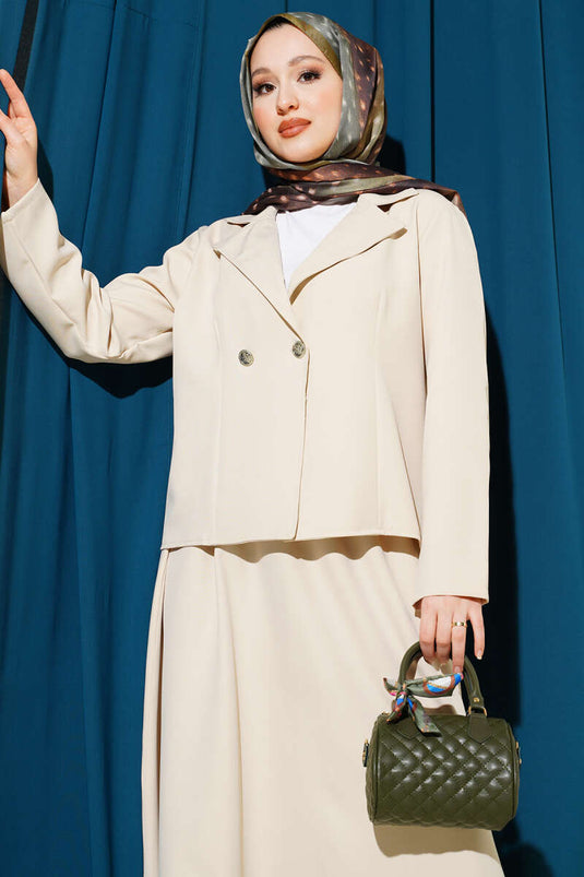 Doppelter Anzug mit Wickelkragen, Jacke und Rock, Beige