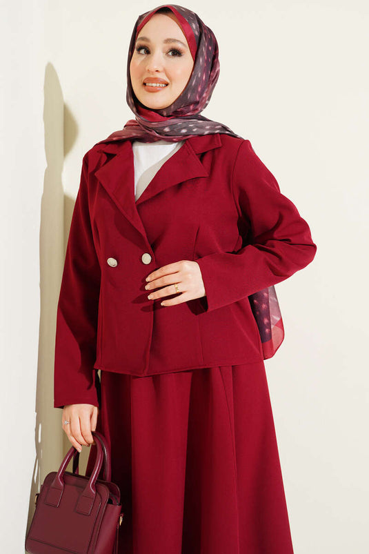 Kruvaze Yaka Ceketli Etekli Dabıl Takım Bordo