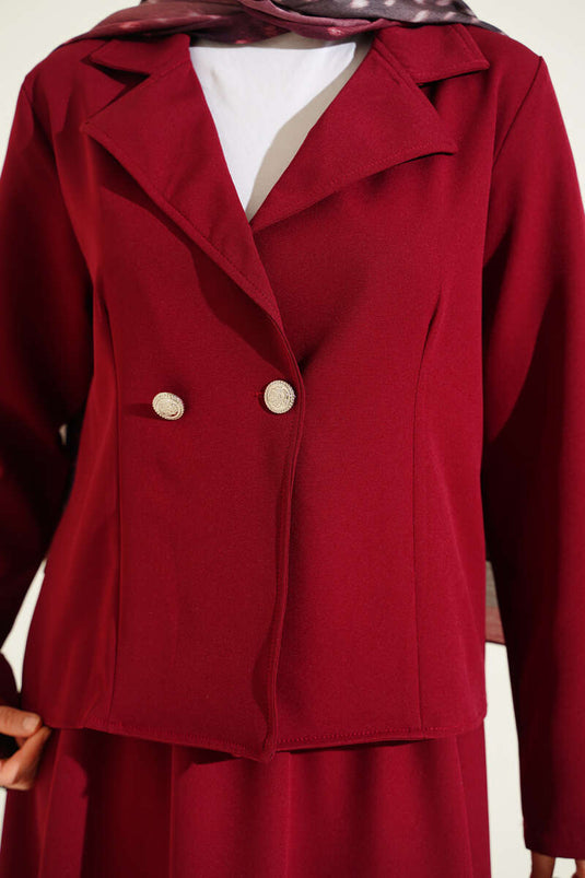 Double Set with Wrap Collar Jacket and Skirt, Burgundy