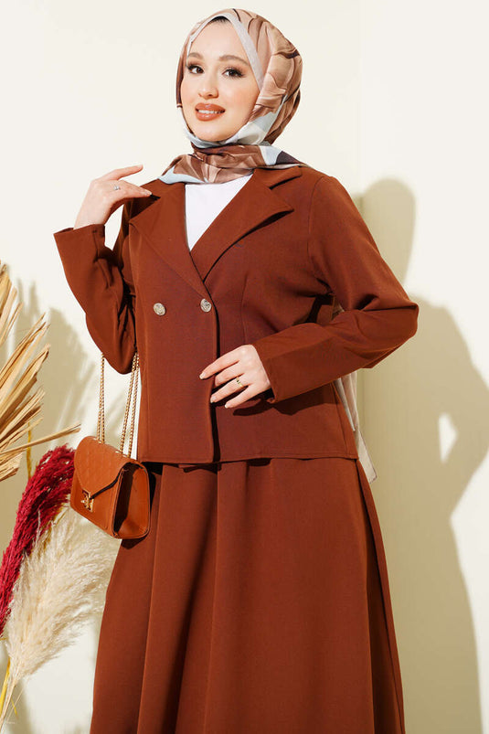 Ensemble double jupe et veste à col croisé marron