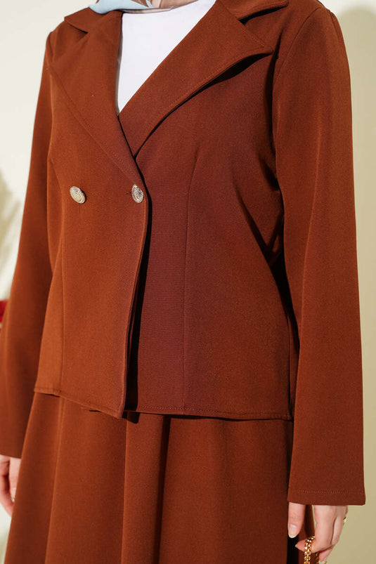 Ensemble double jupe et veste à col croisé marron