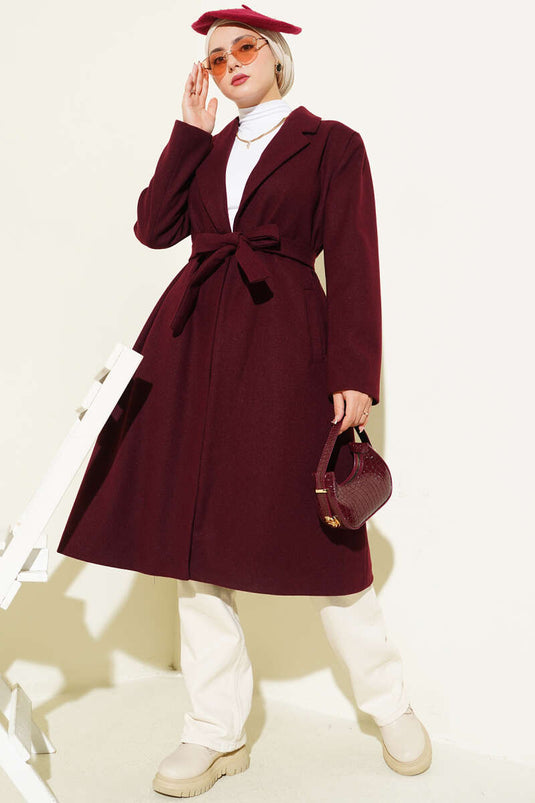 Kruvaze Yaka Cepli Kaşe Kaban Bordo