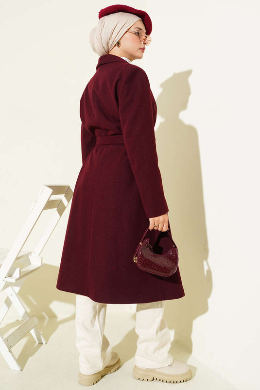 Kruvaze Yaka Cepli Kaşe Kaban Bordo