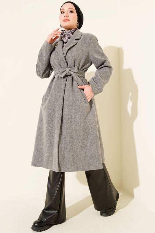 Kruvaze Yaka Cepli Kaşe Kaban Füme