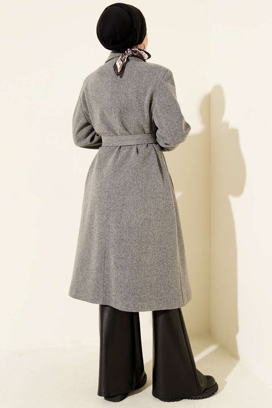 Kruvaze Yaka Cepli Kaşe Kaban Füme