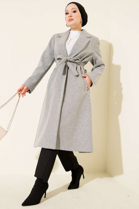 Kruvaze Yaka Cepli Kaşe Kaban Gri