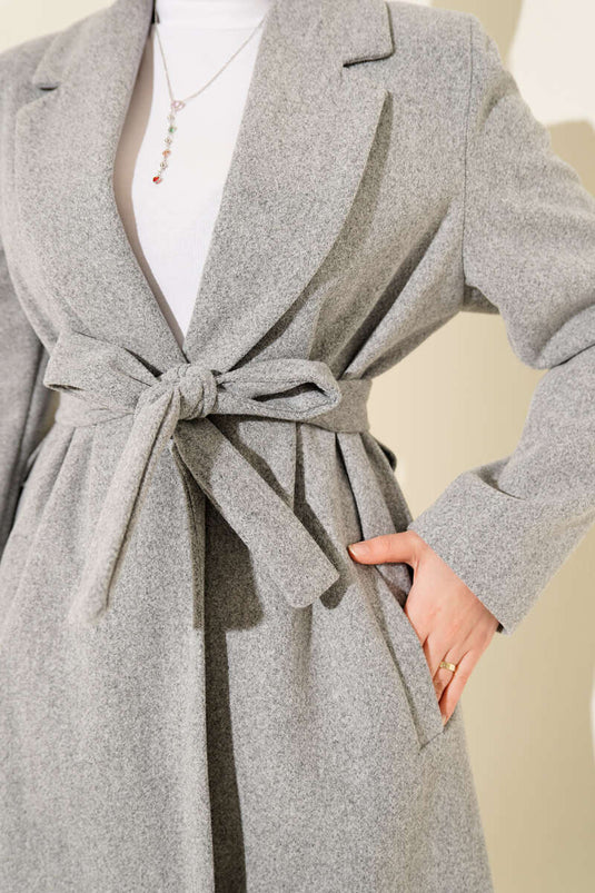 Kruvaze Yaka Cepli Kaşe Kaban Gri