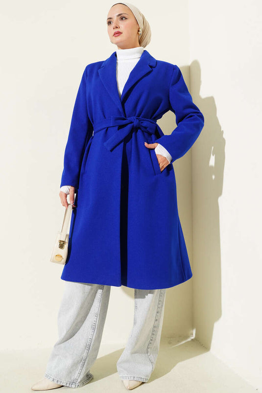 Double-breasted Collar Pocketed Cashmere Coat in Saxe