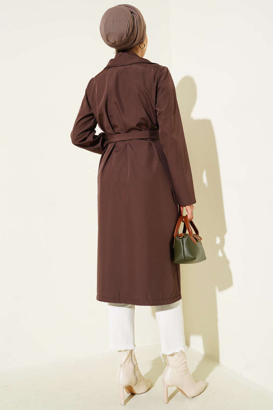 Trench-Coat À Col Croisé Avec Poches Et Ceinture En Café
