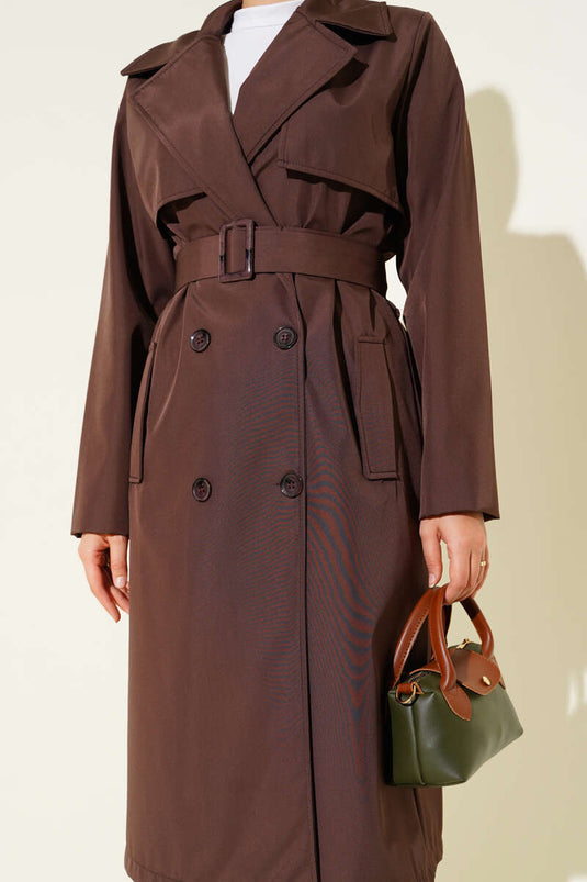 Trench-Coat À Col Croisé Avec Poches Et Ceinture En Café