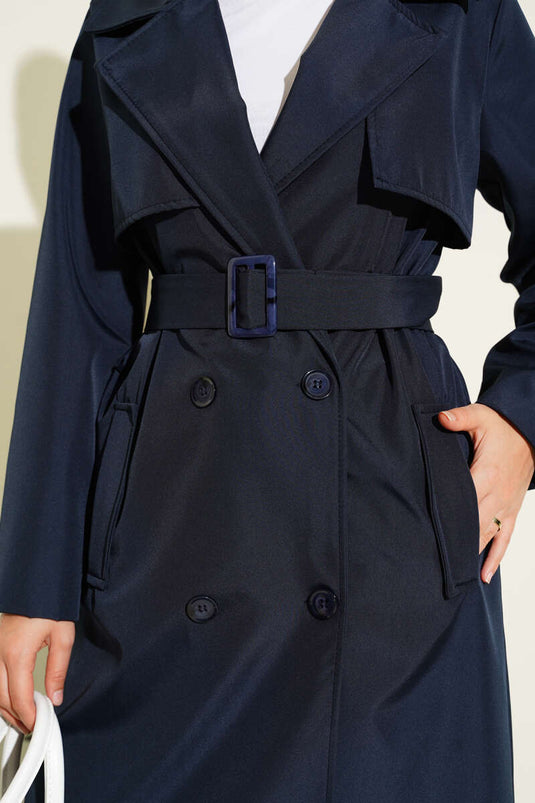 Navy Trenchcoat Mit Umschlagkragen, Taschen Und Gürtel
