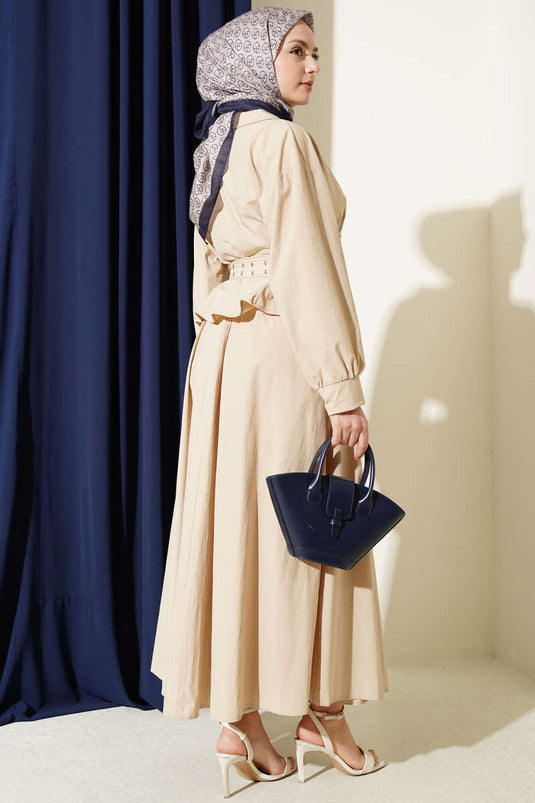 Ensemble jupe à double ceinture et col croisé beige