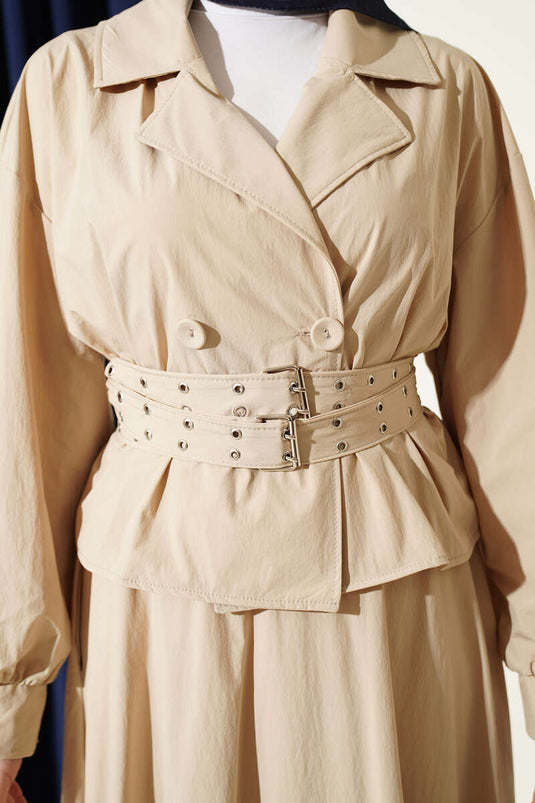 Ensemble jupe à double ceinture et col croisé beige