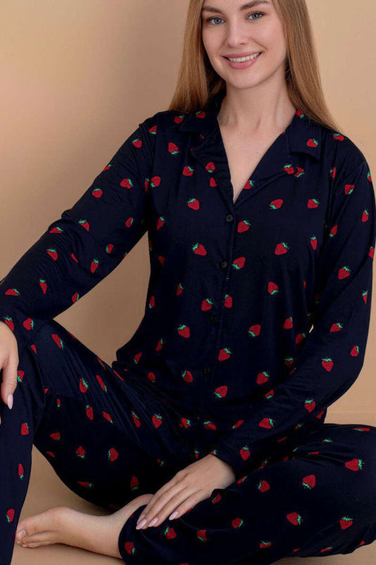 Cross-collar Strawberry Printed Pajama Set Navy Blue