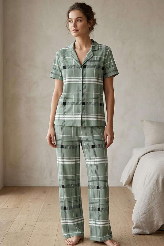 Ensemble pyjama rayé à col croisé vert avocat