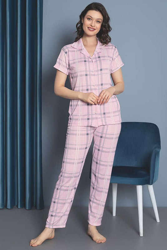 Completo Pigiama a Righe con Collo a Incrocio Rosa