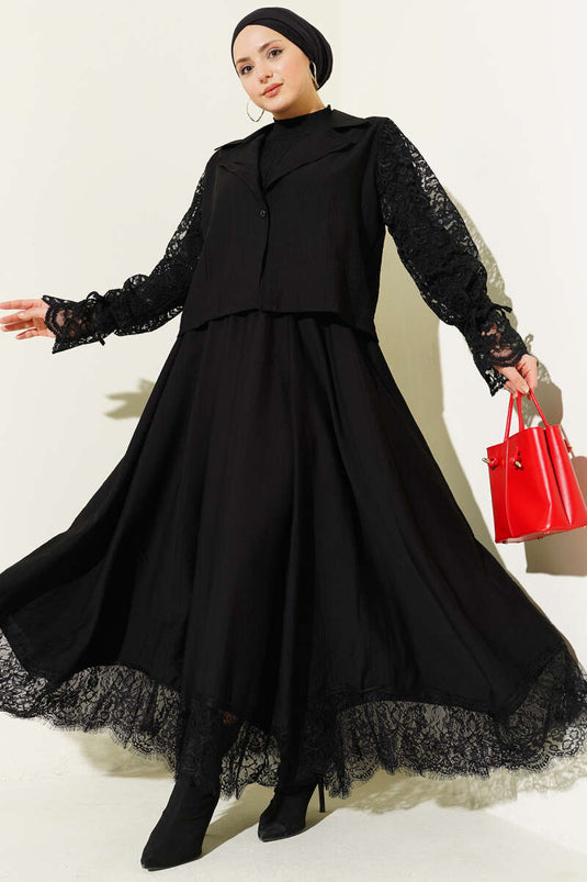 Kruvaze Yaka Dantelli Etekli İkili Takım Siyah