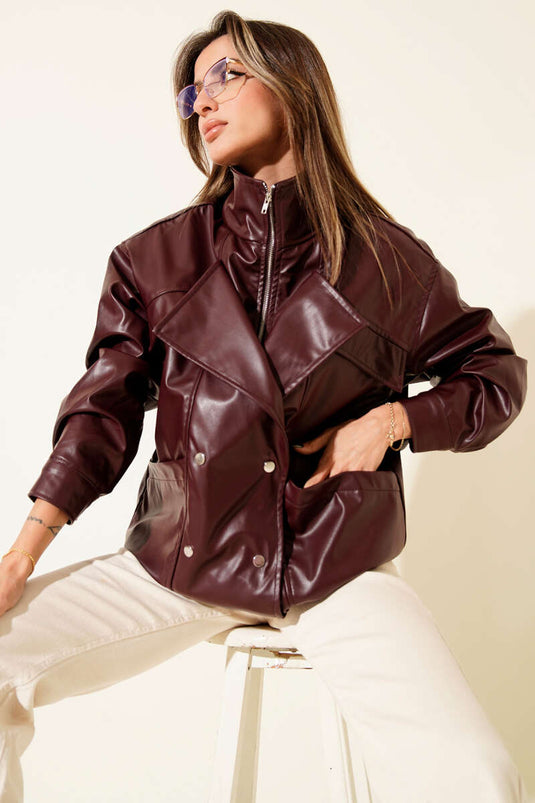 Double-Breasted Leather Jacket, Burgundy