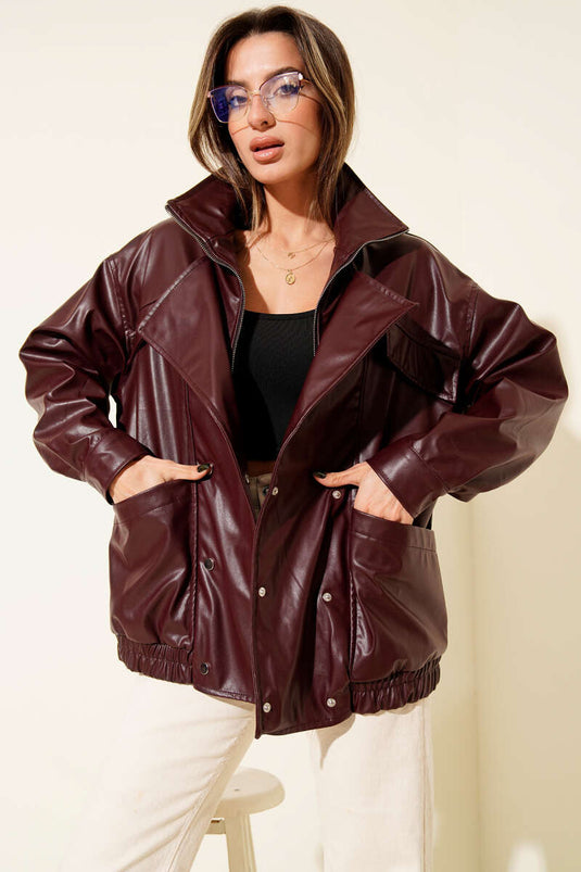 Double-Breasted Leather Jacket, Burgundy